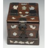 A Chinese hardwood and marquetry vanity box, hinged cover enclosing a folding mirror, above a