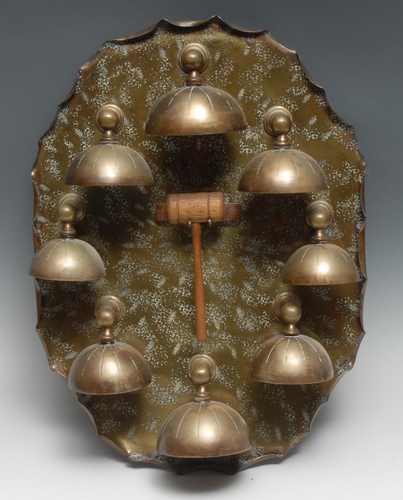 An early 20th century brass eight bell wall gong, 42cm high