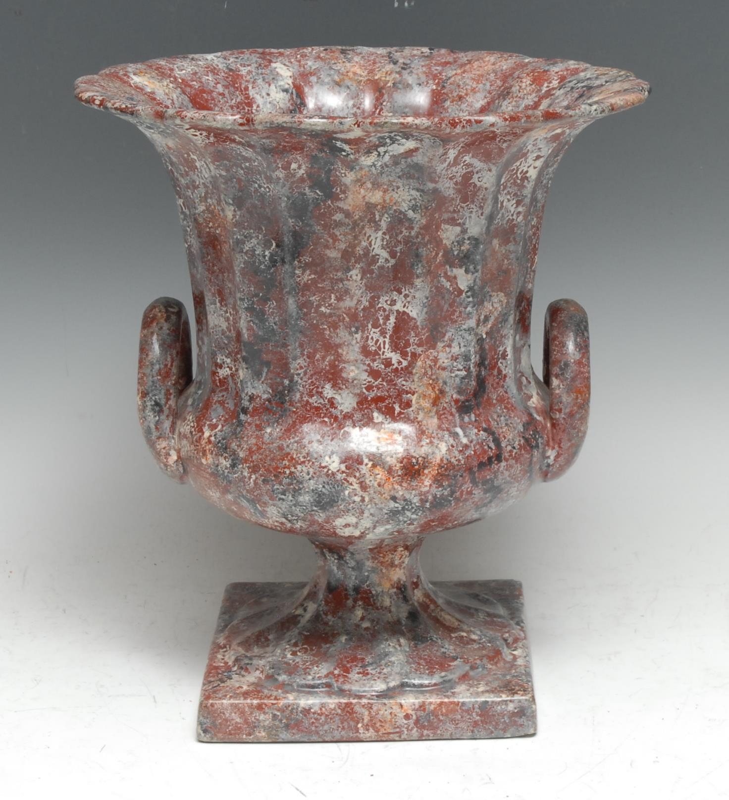 A faux-marble decorated terracotta fluted campana urn, square base, 27cm high