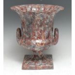 A faux-marble decorated terracotta fluted campana urn, square base, 27cm high