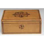 A 19th century oak and parquetry rectangular box, hinged cover inlaid in specimen timbers with a