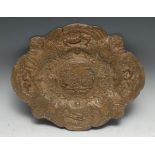 A 19th century Renaissance Revival electotype shaped oval charger, in relief with hunting scenes,