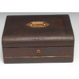 A Victorian morocco writing and correspondence box, hinged cover enclosing a tooled writing surface,