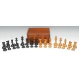 A boxwood and ebony Stanton pattern chess set, marked for King's side, the Kings 8cm high,