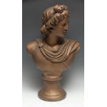 A Grand Tour style library bust, Apollo Belvedere, waisted socle, 64cm high