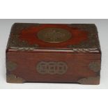 A Chinese hardwood box and cover, the brass mounts pierced and engraved with bats and longevity