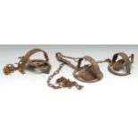 Gamekeeping - Trapping - a 19th century iron egg trap, 15cm jaws, 35cm long overall; another, 15cm