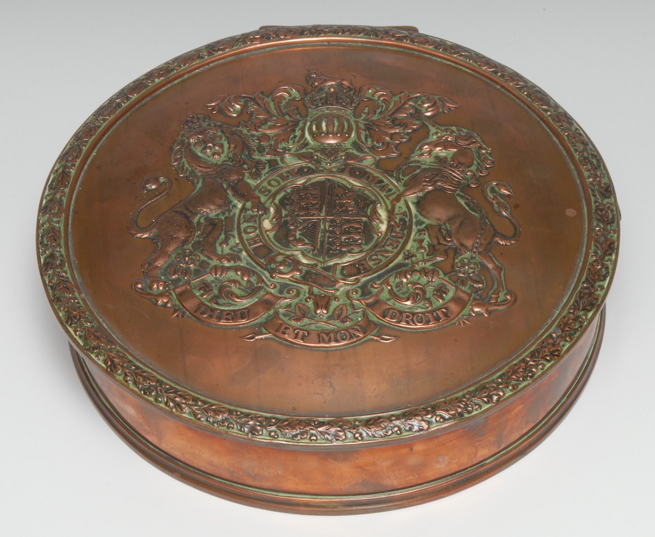 A William IV grant of letters patent or warrant, the copper case with royal coat of arms, 19cm diam,