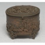 A 19th century electrotype oval casket, in relief with hunting scenes, hinged cover, cartouche