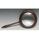 A large Regency mahogany connoisseur's lens, 15.5cm magnifying glass, reeded border, turned