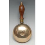 A 19th century brass muffin bell, turned handle, 22cm long