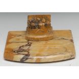 A large Sienna marble boweed rectangular desk stand, the inkwell with hinged cover and pen recess,
