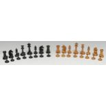 A boxwood and ebonised Staunton pattern chess set, the Kings 8cm high