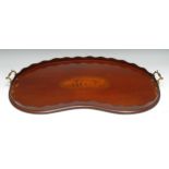 A large Edwardian mahogany and marquetry kidney shaped gallery tray, the field inlaid with a shell