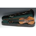 A violin, the two-piece back 35.75cm long excluding button, outlined throughout with purfling,