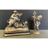 After Clodion 19th century French spelter figure group as goat and putti, ebonised plinth, 24cm