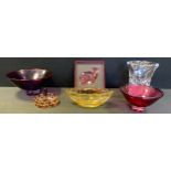 A Moser pink glass model Ram, boxed; a Minna no Tabo glass purple and red rimmed bowl, 20cm