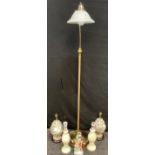 A standard lamp; pair of Chinese style floral table lamps; pair of alabaster lamps etc.