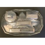 An early Victorian silver and glass four piece dressing table set on tray, London 1839, 203.5g