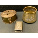 An Indian silver inlaid Brass toasting prayer vessel, Arabic Script, 6cm high; a match box cover;