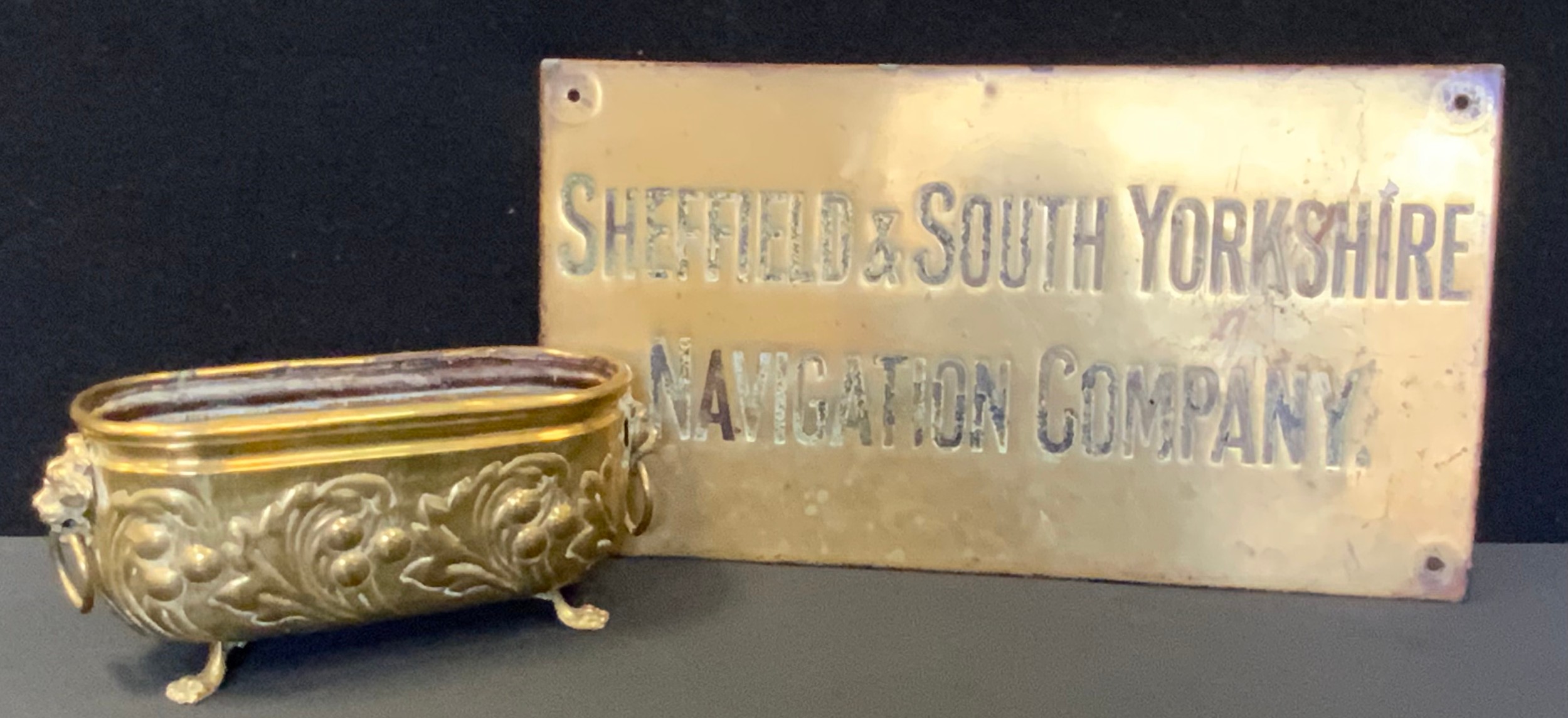 A Sheffield & South Yorkshire Navigation Company brass wall plate sign, approx 28cm x 50cm; as brass