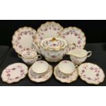 A Royal Crown Derby Royal Antoinette pattern Duet Set inc teapot, sucrier, milk jug, cups & Saucers,