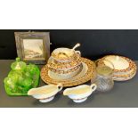 A Coronation Ware graduated meat plates, tureens, dinner plates; glass dressing table set; plated