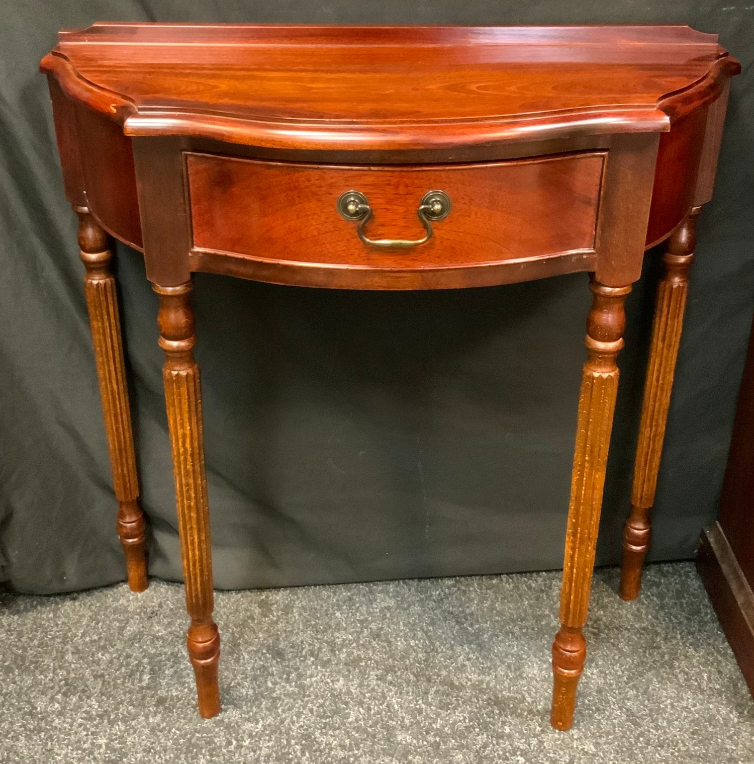 A reproduction mahogany demi-lune side table, half gallery above a single cockbeaded drawer, - Image 2 of 4