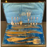 A Victorian seven piece horn handled carving set, sterling silver collared grips, London 1896,cased;