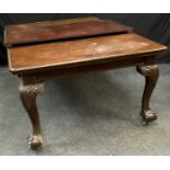 A Victorian wind out mahogany dining table, moulded rectangular top, cabriole legs, acanthus