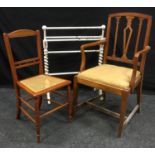 A Victorian towel rail; a Late Victorian bedroom chair with canework seat; an early 20th century