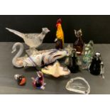 A Murano glass paperweight Seahorse; others Penguins, Cats; Swan bowl; Birds, Fish etc.