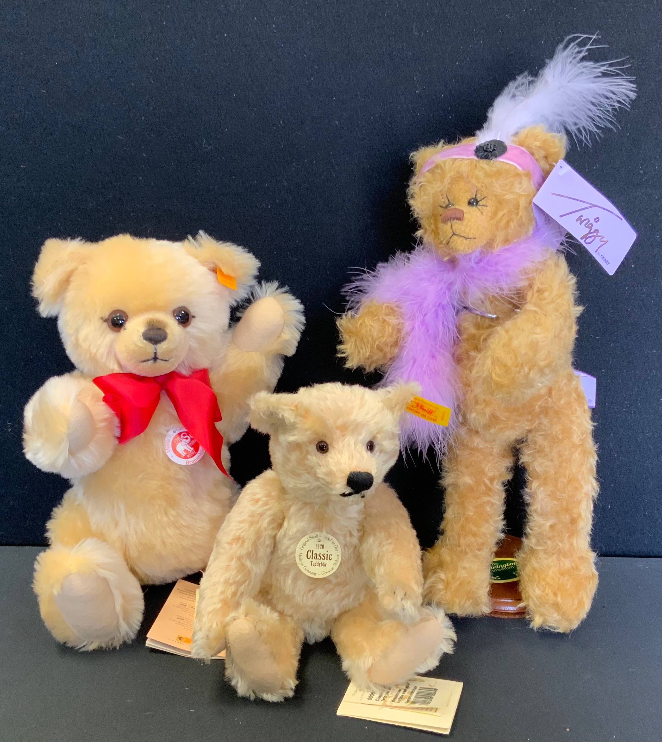 A Steiff Classic 1920s mohair teddy Bear, yellow ear tag, 27cm high; another larger; Gund Twiggy