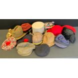 Hats - a grey Top Hat, 7 1/8; flat cap; beret; Scottish hat; skull cap; etc