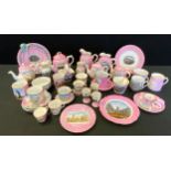 German pink ground commemorative ware, mugs, mustache cups, chamberstick; plates; etc
