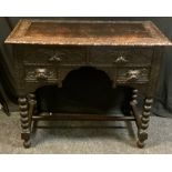 A Jacobean Revival oak sidetable, carved rectangular top above two long and two short drawers,