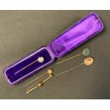 A diamond accented 9ct gold tie pin, others rolled gold, Bloodstone, paste etc; a bar brooch (5)