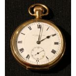 A Thomas Russell gold plated pocket watch, white enamel face, roman numerals.