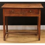 An 18th century vernacular oak side table, rectangular plank top above a pair of frieze drawers,