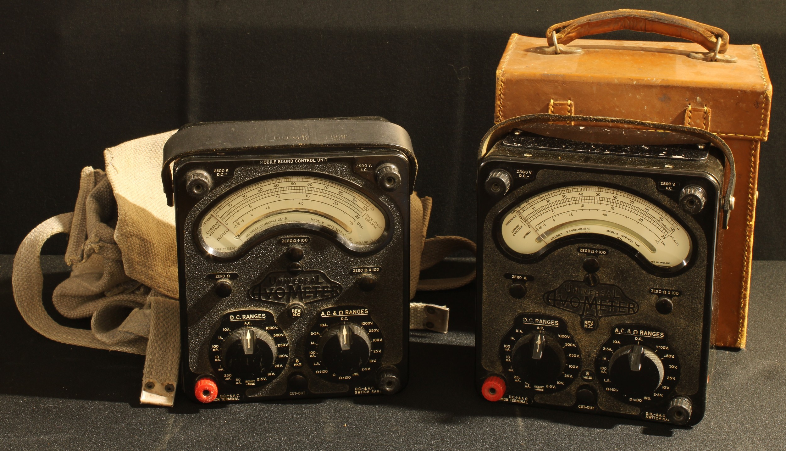 An Avometer, Model 8 MK III, boxed; another similar in a hessian bag (2)