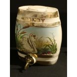 A Victorian ceramic brandy barrel, the front panel painted with a Swan amongst rushes.