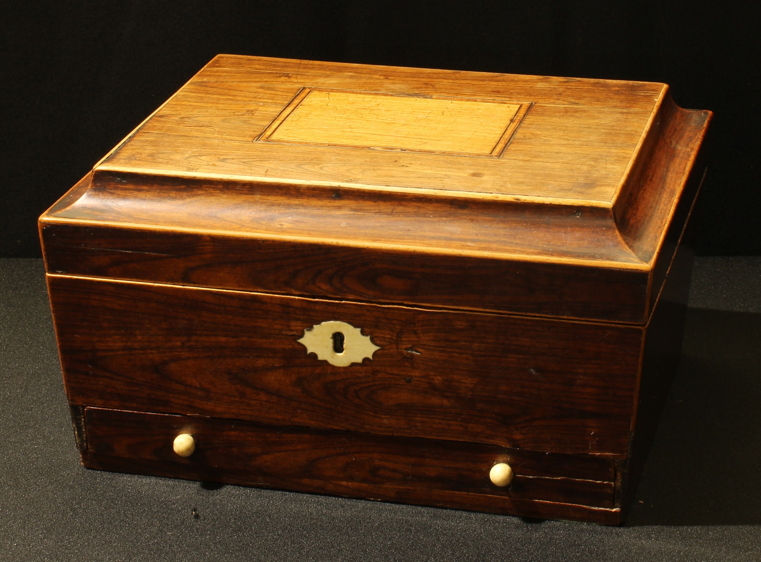 A Regency rosewood sarcophagus work box, drawer to base, 28.5cm wide, c.1820