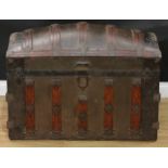 A hardwood mounted metal dome top trunk, hinged cover, applied throughout with geometric