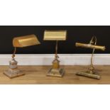A brass swan neck banker's desk lamp, 38cm high; a pair, similar (3)