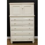 A Victorian painted pine press cabinet, rectangular top above a pair of panel doors, the base as a