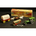 Toys - a Wells tinplate and clockwork double decker bus, 10cm long with replacement Mettoy key; a