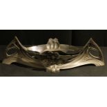 An Art Nouveau spelter WMF centre bowl stand, stylised decoration, 50cm wide (missing glass liner)