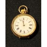 A French 14k gold Lady's open face pocket watch, white dial with Roman numerals, 5cm over suspension