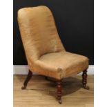 A Victorian club or drawing room chair, stuffed-over upholstery, turned forelegs, 91cm high, 58cm