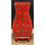 A contemporary Chinese inspired red lacquer and Chinoiserie style vase shaped chest, of seven